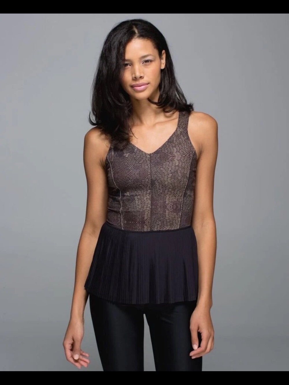 Lululemon Womens Top Brown Black City Tank Peplum V Neck Pleated Embellished